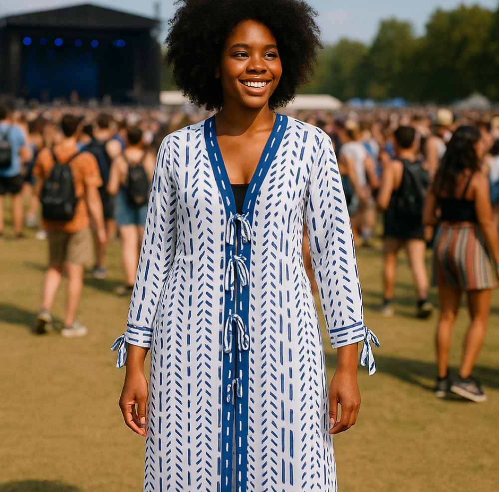 African Maxi Mud Cloth Like Duster Kimono with Front Tie Closure
